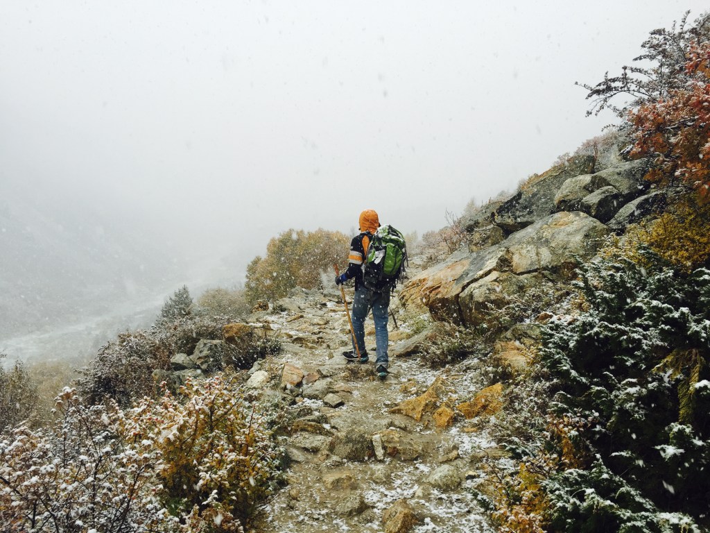 I just need to get in to my room! Walking through the snowfall towards Gangotri.